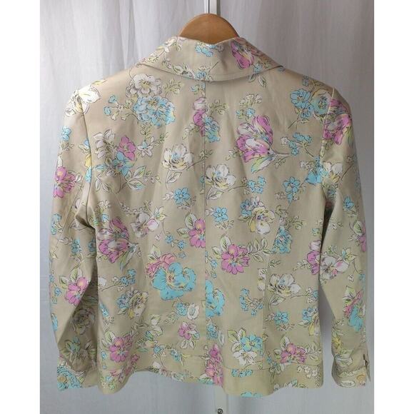 Oscar de la Renta Tan Watercolor Pink Blue Flowers Jacket Blazer sz 8 - Picture 5 of 7